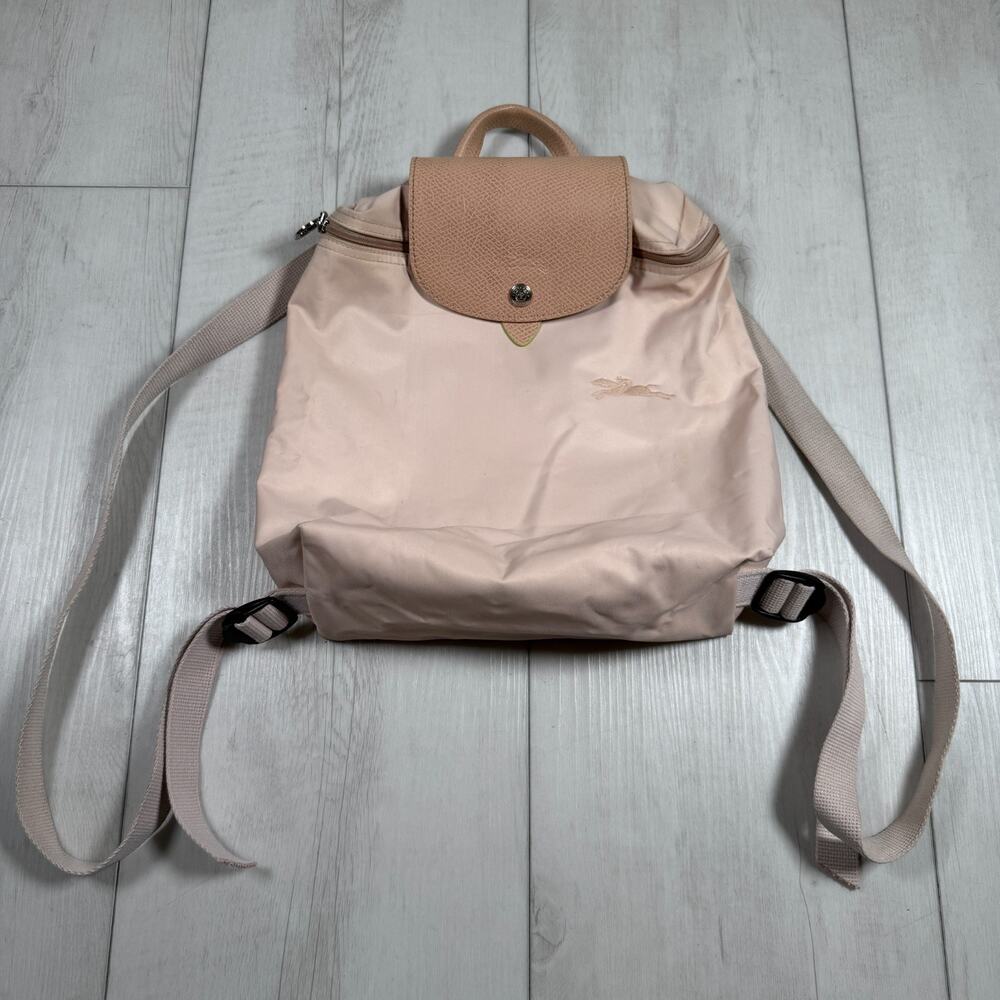 Longchamp Le Pliage Sac A Dos Modele Depose Pink Nylon Backpack Brown Leather